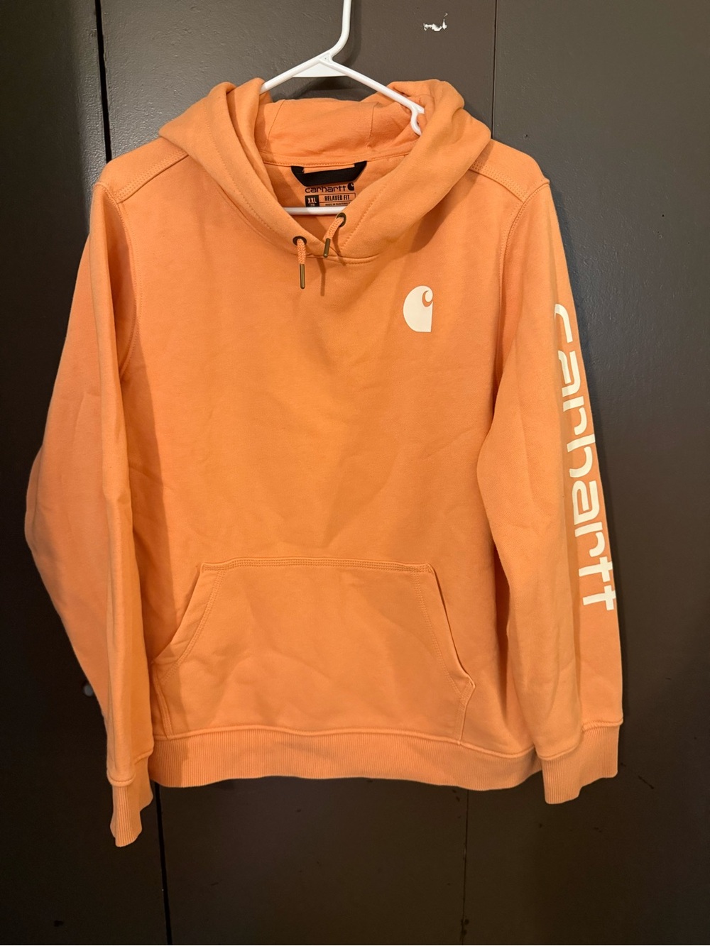 Carhartt Peach-Orange Pullover Hoodie with White Logo Sleeve Print
